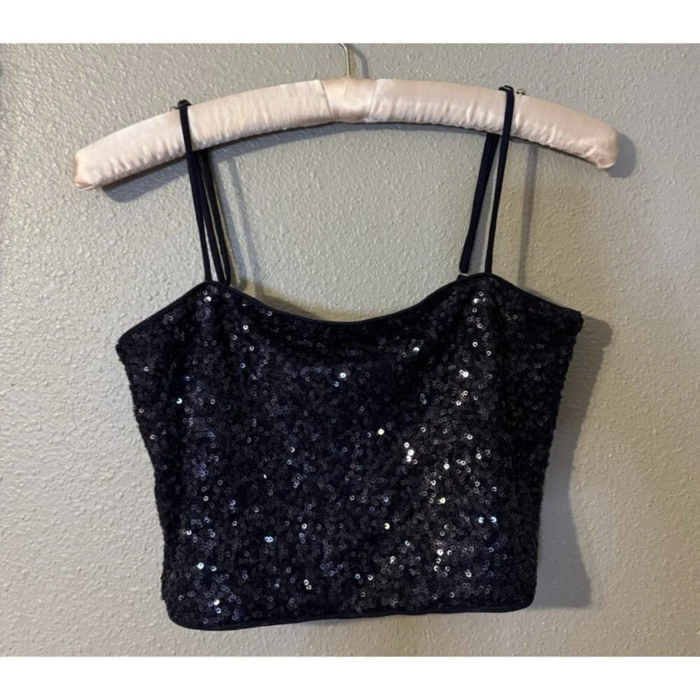 Susana Monaco 2 PC Set S Small Thunder Blue Sequin Crop Top & Skirt NWT $256